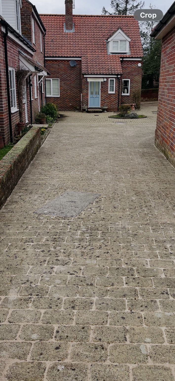 The same driveway after cleaning, with brighter paving and cleared joints