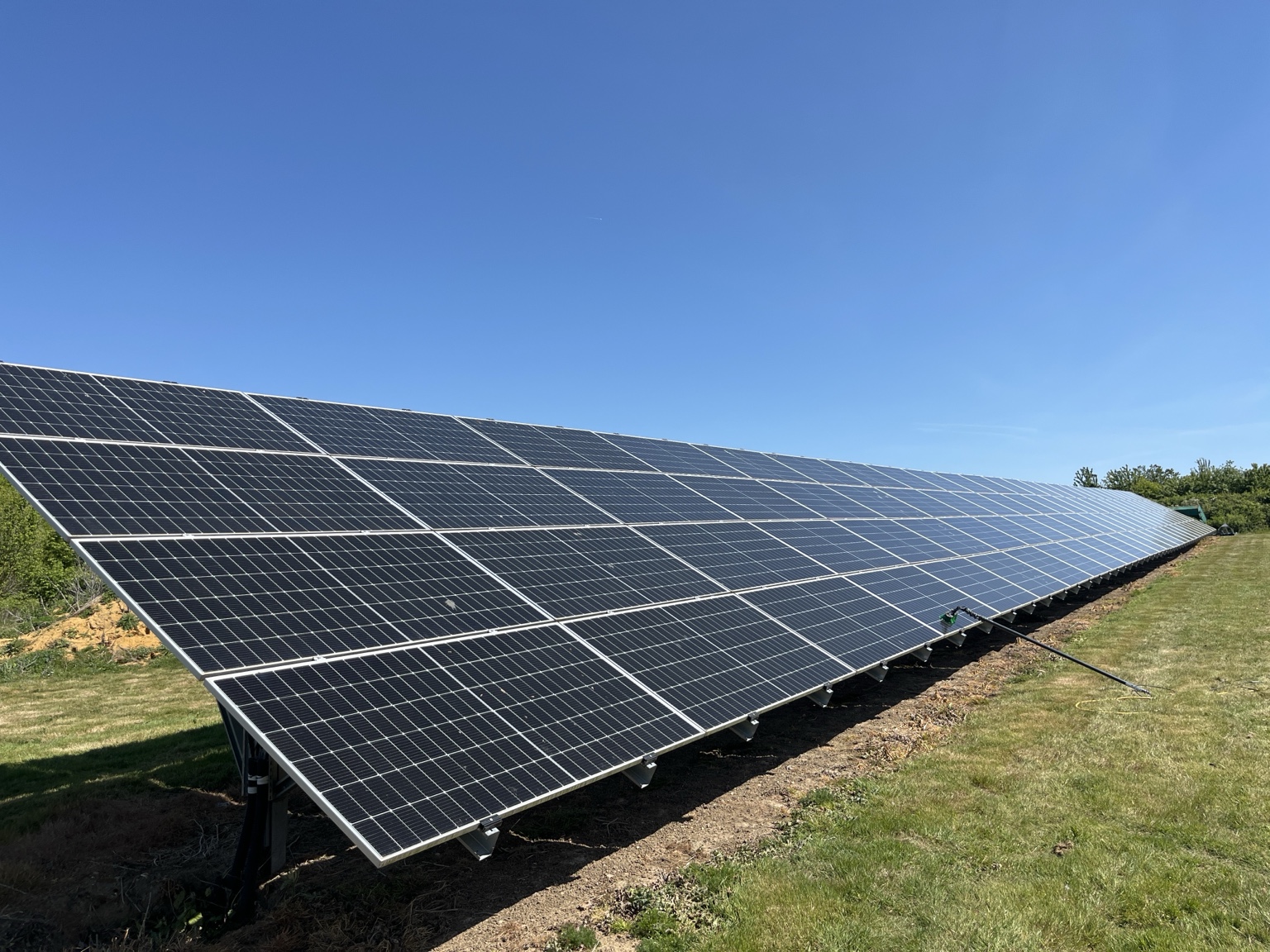 Ground-mounted solar panel array with a cleaning pole and brush